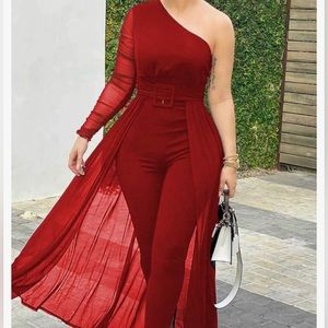 One shoulder, sheer, mesh jumpsuit